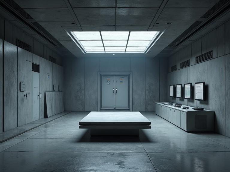 Interior view of a futuristic sci-fi command center. Grey blocky smooth concrete walls with monitors. White bulky rectangle table in the middle of the floor. Metal doors on the sides. Dim spot lights from the ceiling with diagonal textures creating shadows. Dark atmospheric feel with black metal floors and white bulky rectangle desks.
