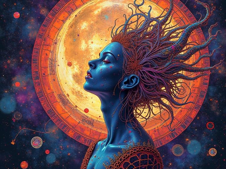 Celestial being depicted in stained glass style. Features glitch art elements and warped reflections. Colors transition from warm sienna to vibrant chrome. A futuristic aesthetic with neon influences. The background features a large moon.