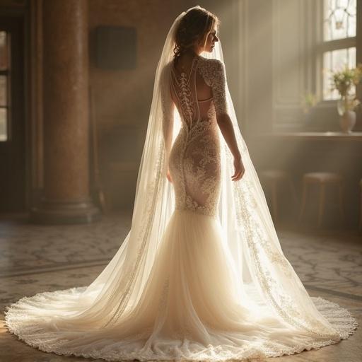 Bride stands in softly lit setting. Stunning fully transparent wedding dress with intricate lace details. Scene conveys elegance and romance.