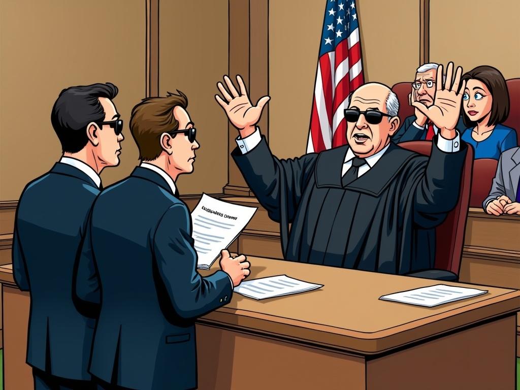 Cartoon courtroom scene. Two FBI agents in dark suits and sunglasses. Judge behind the bench looking surprised. Judge in black robes with raised hands. One agent reading rights. Other holding handcuffs. Wooden courtroom decor. U.S. flag visible. Shocked spectators in background. Bold colorful exaggerated style.