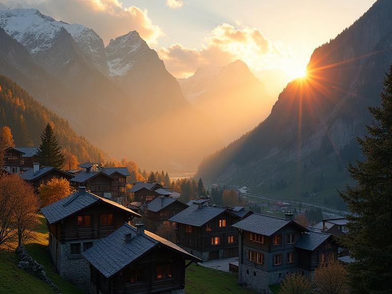 Capture an alpine mountain village bathed in the first warm rays of the rising sun. The golden light illuminates rugged peaks and bathes the traditional wooden houses in a soft glow. Highlight the interplay of light and shadow across the landscape, perhaps with dew glistening on rooftops or a single light still burning in a distant window. Convey a feeling of freshness and hope.