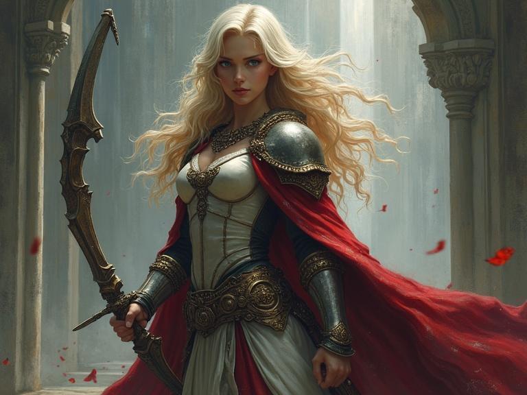 A full-length image of a battle mage girl in a fantasy style. She wears ornate armor and a flowing cape. The environment reflects a magical battle theme. Her expression conveys determination and strength.
