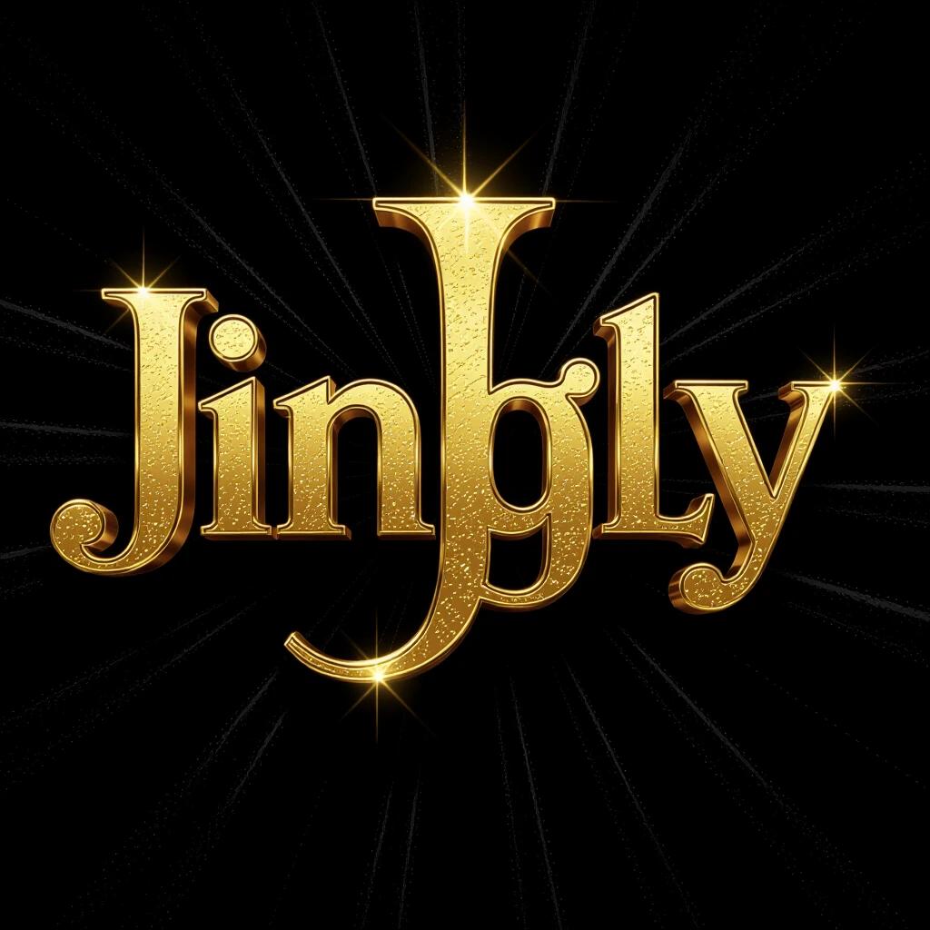 Cinematic title font for JINGLY in capital letters. Quirky feel is emphasized. Shiny gold letter J prominently featured. Background is rich black for luxurious contrast.