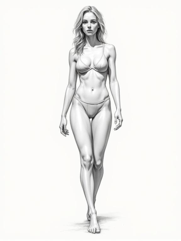 A clean full body sketch featuring a female figure in a walking pose. The sketch is detailed and focuses on anatomical features.
