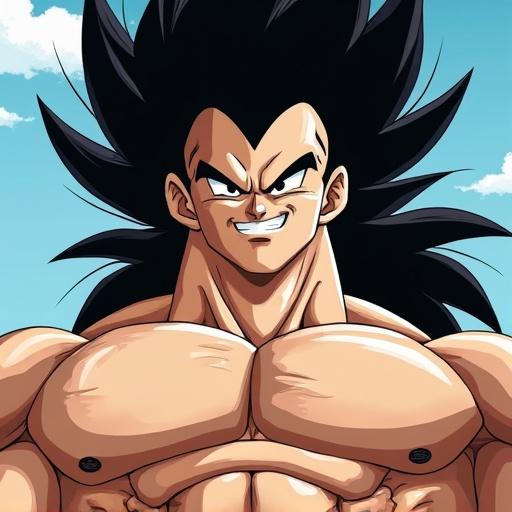 Raditz stands confidently. Massive muscular body. No shirt. Thick thighs. Pale skin. Long spiky hair reaching his legs. M-shaped hairline. Elongated face. Prominent cheekbones. Square jaw. No beard. Cruel smile. Upturned nose. Thick eyebrows. Pronounced brow ridge. Menacing look. Large eyes with small black irises. One squinting eye. Slim muscular physique showcases power. Low-angle perspective highlights strength.