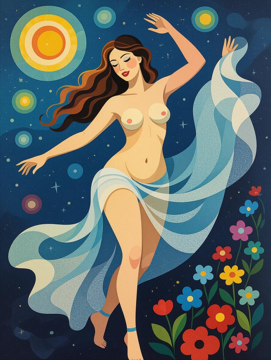 Woman dancing elegantly with long hair and flowing dress among colorful flowers. Vibrant background with stars and sun. Artistic and whimsical style.