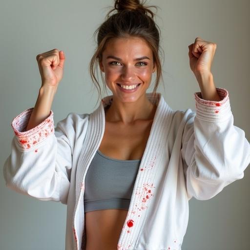 A young woman wearing a karate gi showing determination. She has a toned physique with extreme abs and is smiling despite appearing exhausted. Her hair is tied in a ponytail. The karate jacket is slightly opened revealing a grey sports bra. Her body and fists have red spatters of cherry sauce. The background is a plain light-colored wall.
