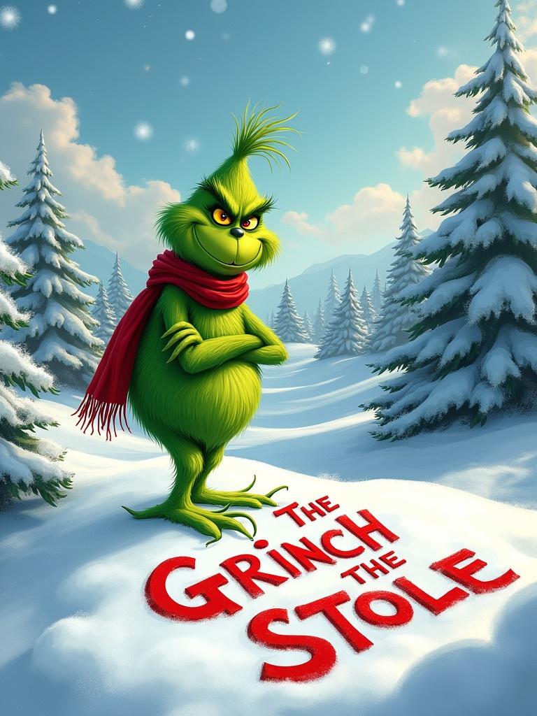 Grinch creates snow writing The Grinch Stole The Trap. Scene includes snowy hills and evergreen trees. Grinch is green with red scarf and rapper-style pose.