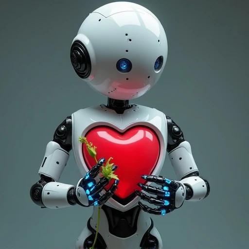 Robot with a heart-shaped core. Robot fixes a broken flower. Hands of the robot glow blue.
