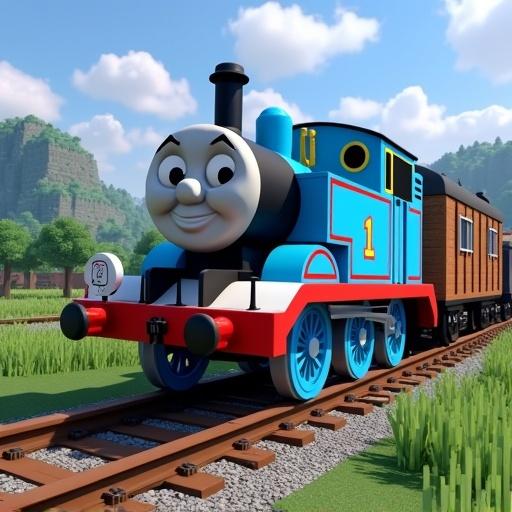 Minecraft style representation of Thomas the Tank Engine in a blocky landscape. Train is blue with facial features and carrying a brown cargo car. Grass and mountains in the background.