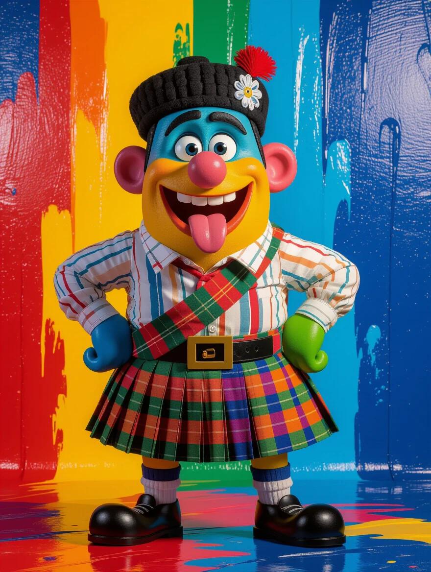 A colorful Pixar character wearing a pleated Scottish skirt. The character features a goofy expression with the tongue hanging out, and is set against a bright multicolored background. The image emphasizes large thick paint textures and vibrant colors in a playful fantasy style.