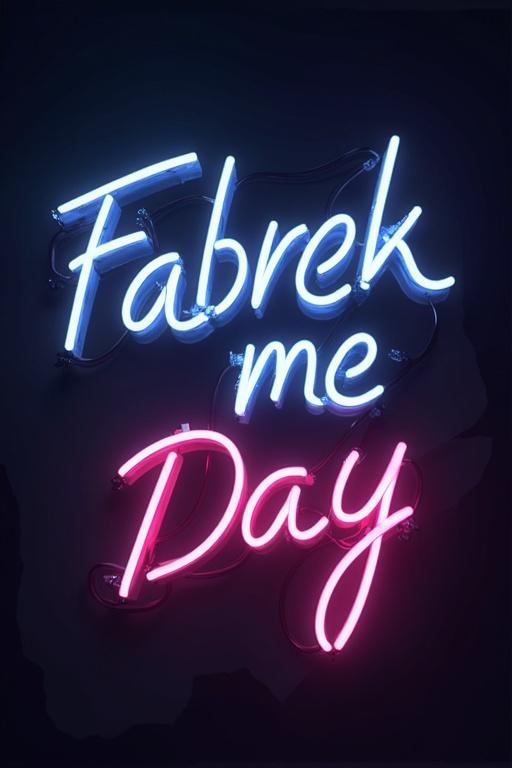 Neon styled text. Words ‘Fabrek me Day’ in a handwritten font. Colors blue and pink. Bright glow effect on dark background.