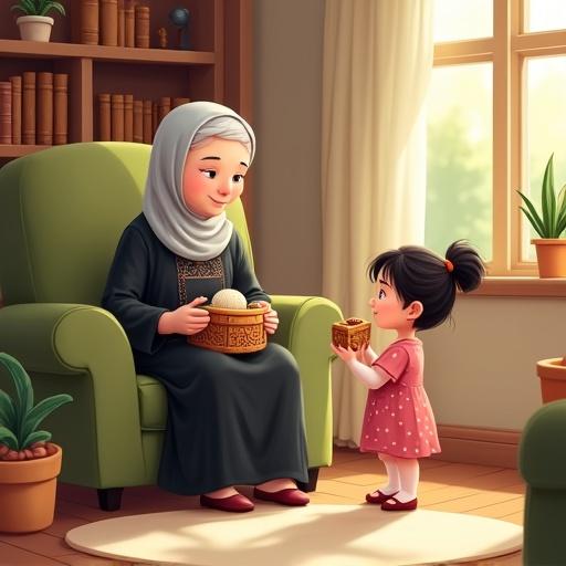 Indoor scene with a grandmother and young girl. Grandmother sits in olive green armchair by window crocheting. Young girl stands excitedly holding a wooden box. Soft lighting. Shelves with books in background. Cheerful and inviting atmosphere. No text in image. Ample space at the top for title.