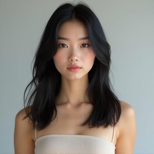 25-year-old woman with shoulder-length straight black hair. Calm and gentle expression with delicate facial features. Ultra-detailed skin and facial texture. High-resolution semi-realistic style. Soft natural lighting. Front-facing full-body view with light gray gradient background.