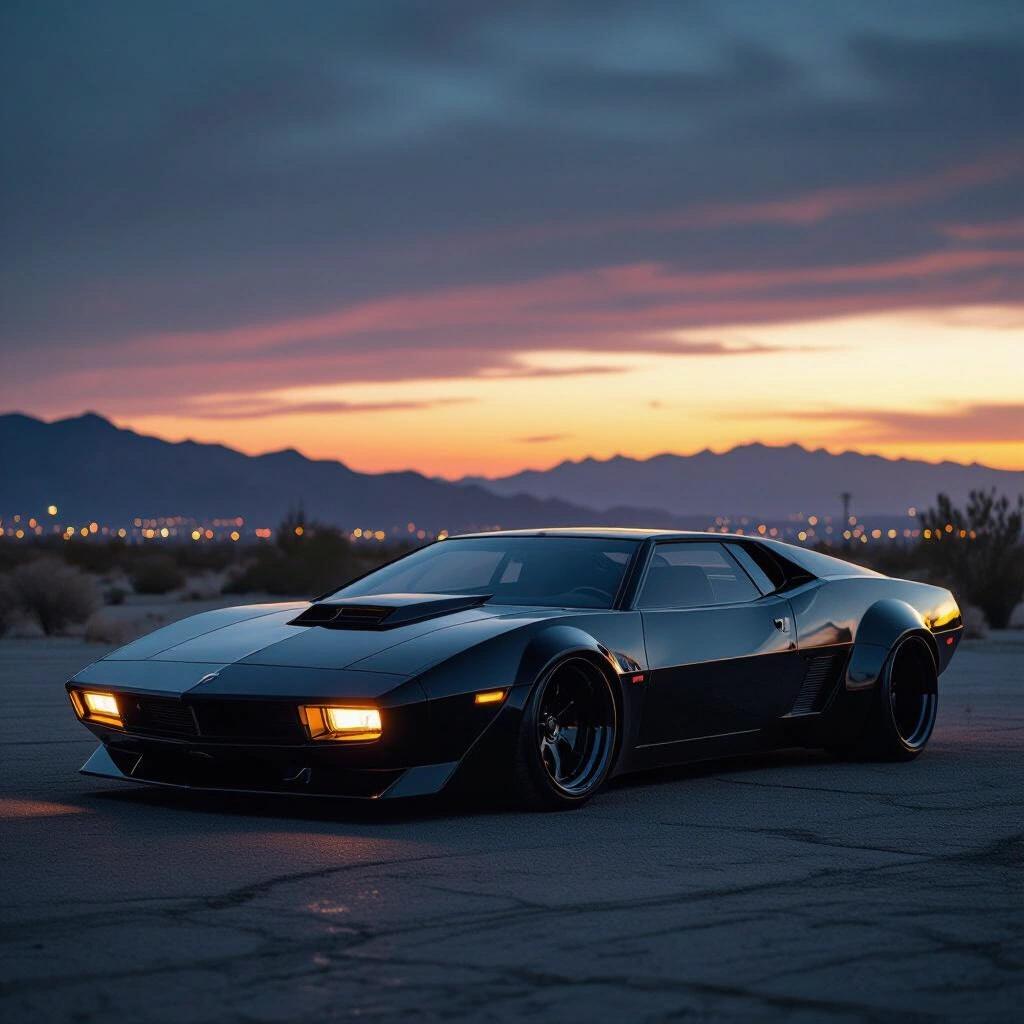 Parked angular black futuristic funnycar low rider in a desert setting. Raw photo capturing epic scenery with dark gangster vibes.