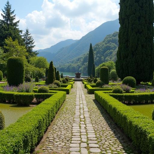 Gardens of Villa del Bianbanello located by Lake Como. Neatly trimmed hedges and vibrant flower beds. Stone pathway leading to a central fountain. Breathtaking views of green mountains and blue sky.