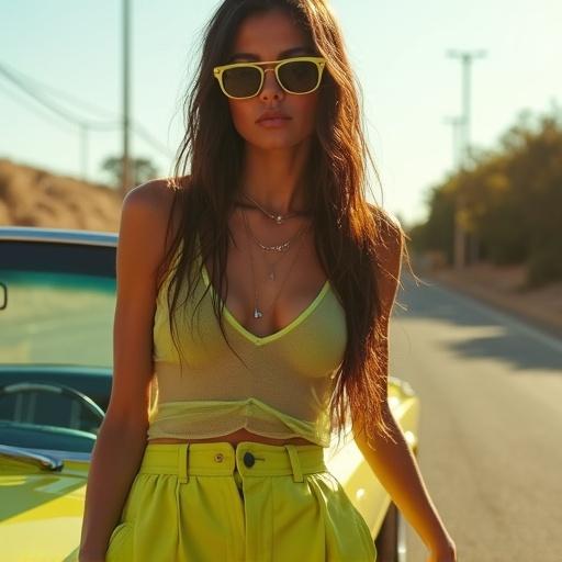 Woman in trendy summer fashion. She wears a sheer pistachio mesh top with oversized square sunglasses and parachute pants. Leaning against a vintage convertible under the afternoon sun. Wet long hair with bangs, glowing skin. Shot from a low angle with cinematic shadows and flare.