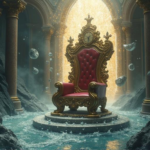 Majestic floating throne in a surreal realm. Surrounding scene features shattered antique clocks, melting gears, and glass shards. Time waves and golden light warp around elements. Captures a dramatic epic fantasy concept.