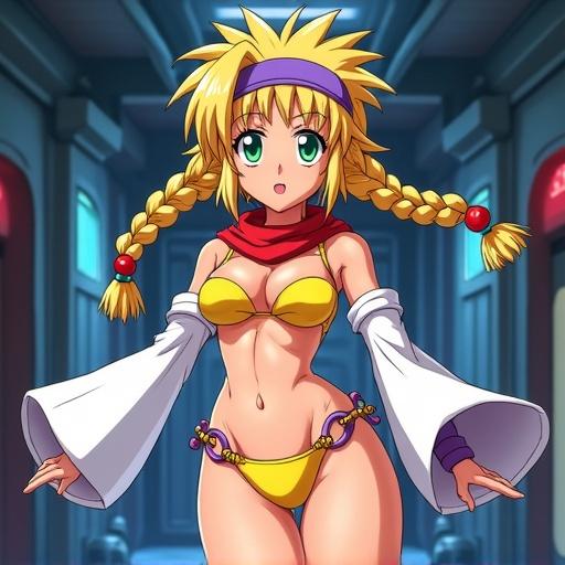 Energetic anime girl with spiky golden blonde hair in multiple braids. Wears a purple headband with beads and has green eyes. Dressed in a yellow bikini top with red scarf and long white sleeves. Displays a confident expression in a sci-fi spaceship hallway, with dynamic lighting and 2000s JRPG style.