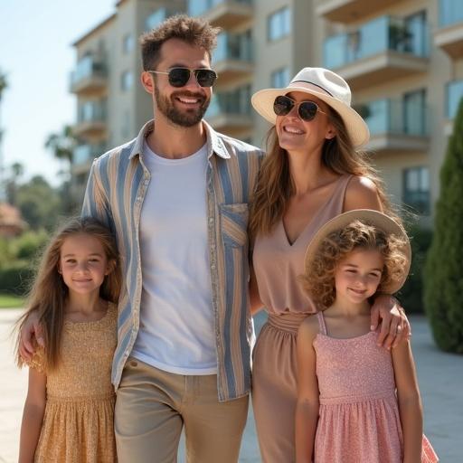 Young couple and children look cheerful and relaxed. Luggage is clearly visible. Family is in transit at a hotel. Background is neutral or blurred. The mood is welcoming and vacation-like. Outfits are colorful and casual-elegant. Bright, warm lighting enhances the photo. Dominant colors are beige, gold, and navy. Image has a natural yet professional quality.