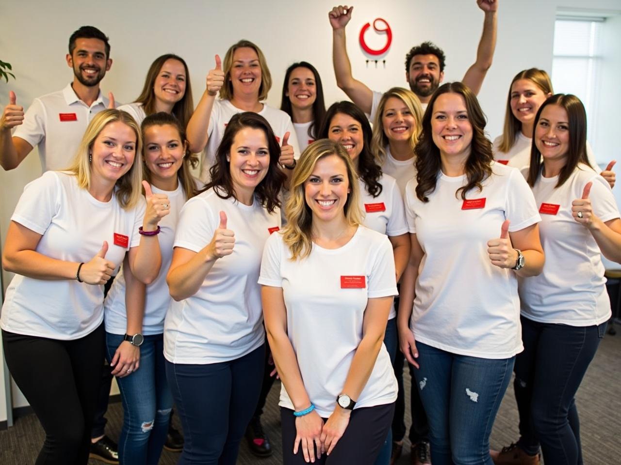 This image features a group of people posing together in an office environment. They are all wearing matching white t-shirts with red accents and red name tags. The backdrop shows a company logo, suggesting it's a team gathering or event. The individuals are arranged in a cheerful manner, some giving thumbs up or raising their hands in excitement. The setting appears to be well-lit and professional, reflecting a positive workplace atmosphere.