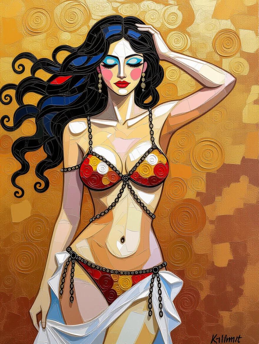 3d painting of a woman in a vulva bikini with chains. Textured impasto style with swirling brushstrokes. Inspired by Klimt's artwork. Symbolizes independence. Art emphasizes body positivity.
