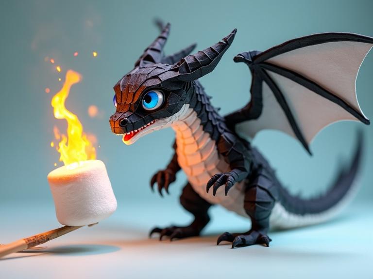 3D masterpiece origami art features a dragon made of paper. Dragon has black white gray scales with vibrant blue eyes. The dragon's wings are spread wide. It looks happy breathing fire on a marshmallow on a stick.