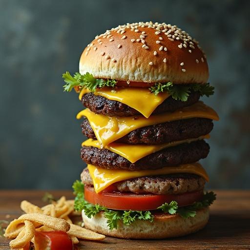 A large, artisan hamburger with multiple layers of cheese, lettuce, tomato. A surreal space-themed background. Text in Brazilian Portuguese saying 'SEU BURGUER FAVORITO CHEGOU!'