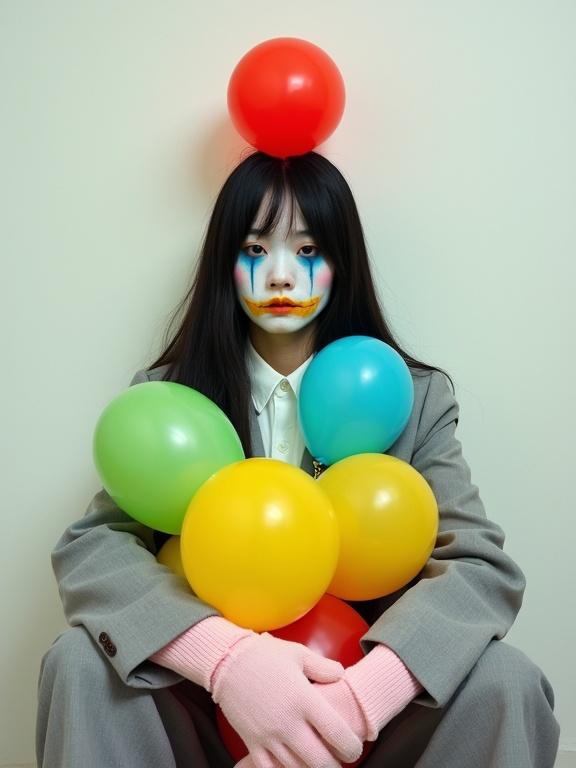Surreal fashion portrait of a young East Asian woman with a white-painted face and smeared makeup. She sits against a plain white wall in oversized gray blazer. Gloved hands hold glossy balloons in vibrant colors, with a red balloon above her head. The lighting is soft and direct, enhancing the eerie flatness.