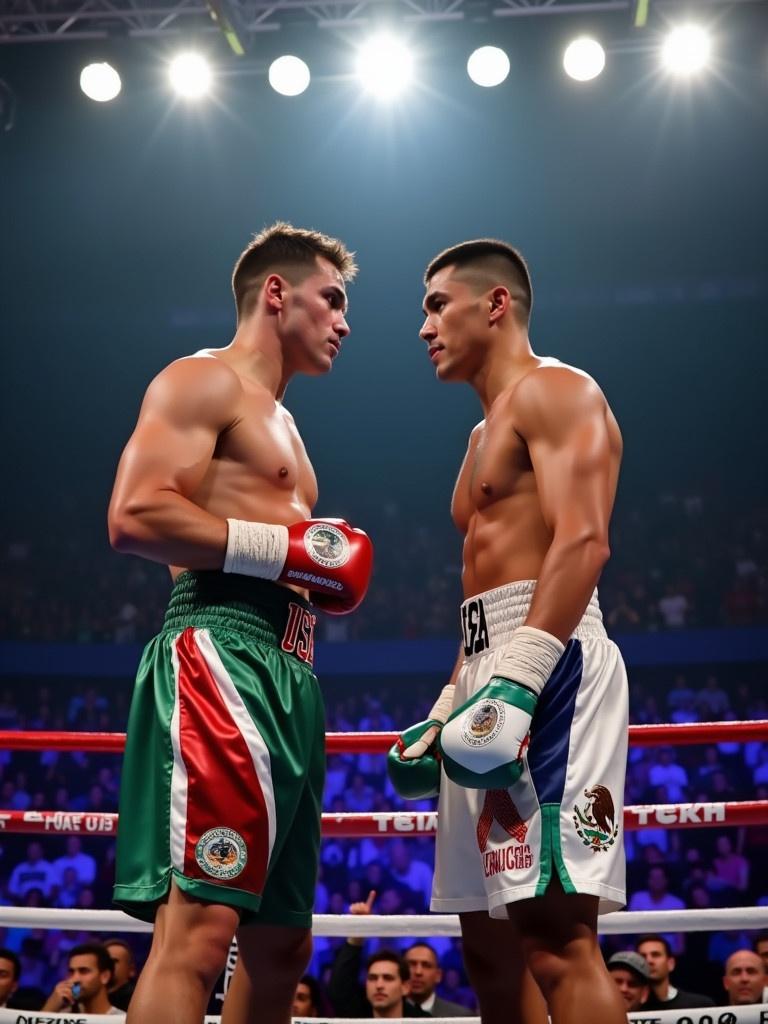 Image shows two boxers staring at each other in a boxing ring. One boxer wears USA themed shorts. The other boxer wears Mexico themed shorts. Bright lights shine above them. The arena is filled with spectators. Tension is evident before the match.