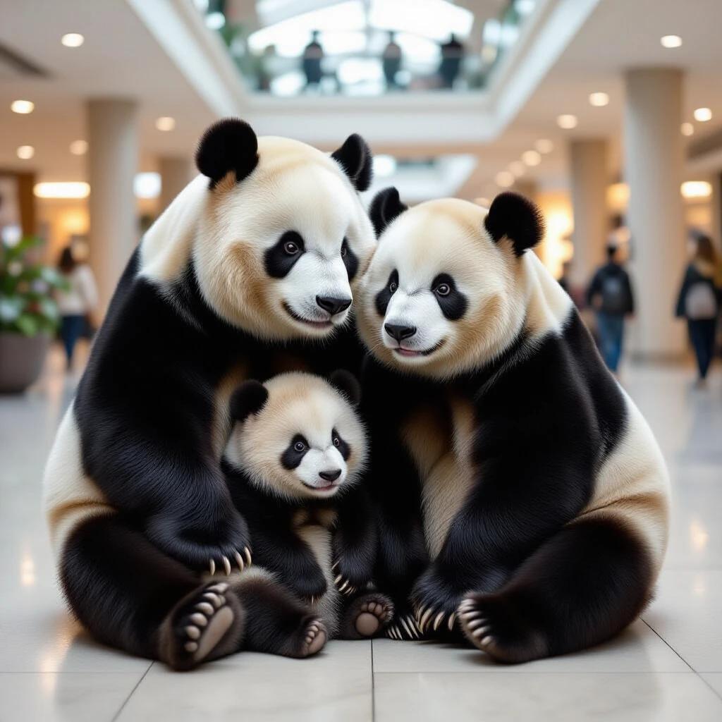 Panda cub with its parents in a shopping mall. The scene depicts a family of three pandas in a modern indoor setting. They appear relaxed and adorable. The pandas are sitting on a smooth floor with bright, soft lighting illuminating their fur.