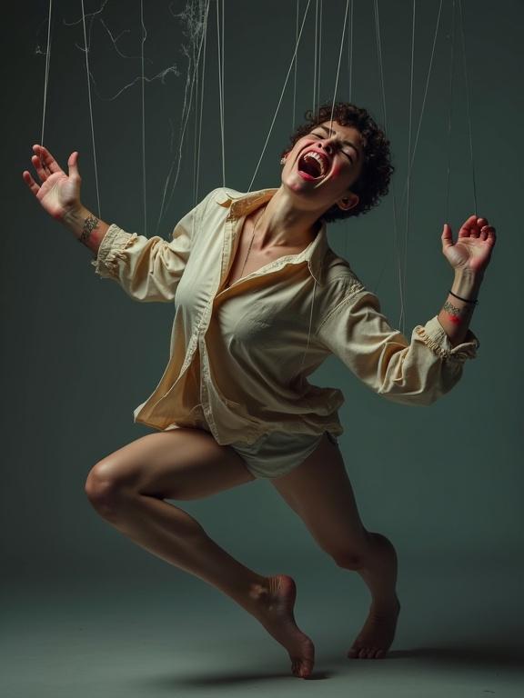 Person in mid-collapse. Limbs slack, suggesting loss of control. One knee buckles, other leg twists. Arms hang, fingers splayed. Expression shows joy and disorientation. Mouth open in laughter, eyes wide in shock. Tears streak cheeks. Flushed skin amplifies emotions. Dramatic lighting creates shadows. Warm gold on face, cool blue-gray on limbs. Background muted. Clothing wrinkled, half-untucked shirt. One hand clutches chest. A faint translucent string near shoulder. Style semi-realistic with motion blur. Low camera angle enhances drama. Tight crop around body focuses on face and posture.