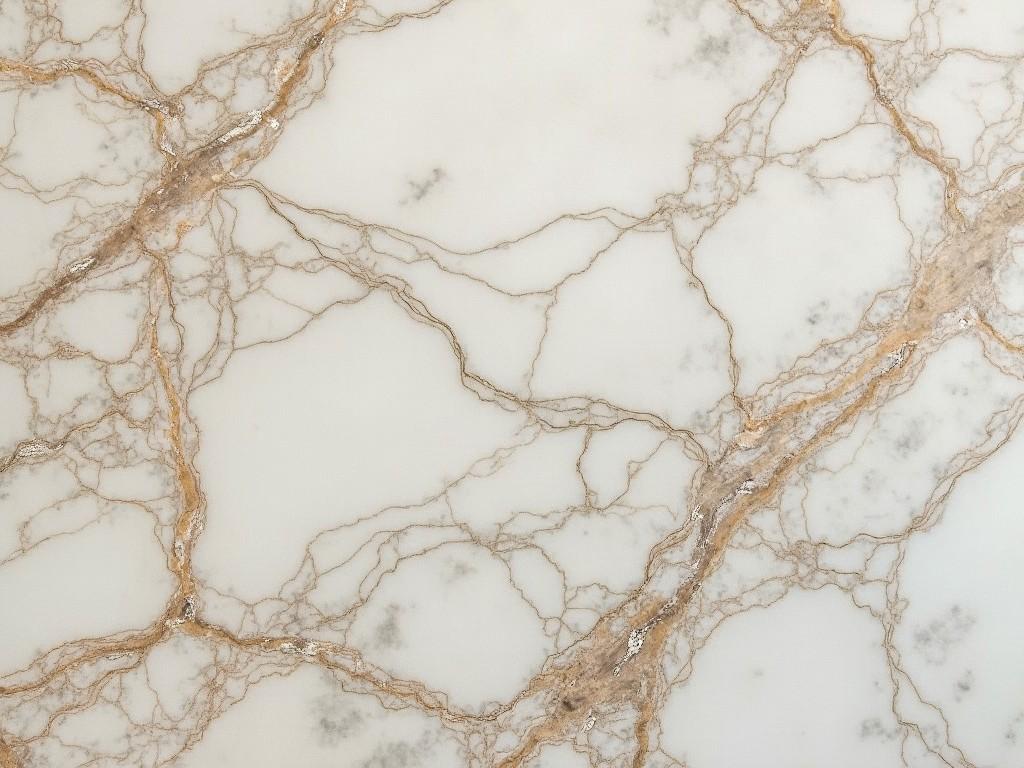 This image showcases a beautiful marble surface with a white background and striking golden veins. The intricate patterns create a sense of elegance and luxury, making it ideal for high-end interior design projects. The marble's smooth texture is visually appealing, offering a timeless quality suitable for various applications. This type of marble can be used in flooring, countertops, or decorative accents. The soft and even lighting enhances the details of the marble's natural design, providing a sophisticated aesthetic.