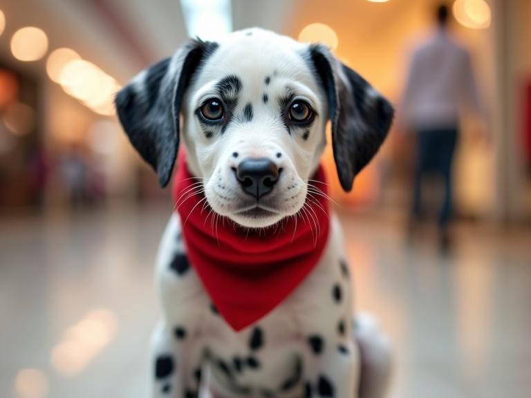 A close-up of a Dalmatian puppy sitting on a mall floor. The puppy is wearing a red scarf. The puppy looks alert and slightly surprised. Warm lighting enhances the scene. The background shows a softly blurred shopping mall atmosphere. The photo is taken with a shallow depth of field and in a horizontal 16:9 format.
