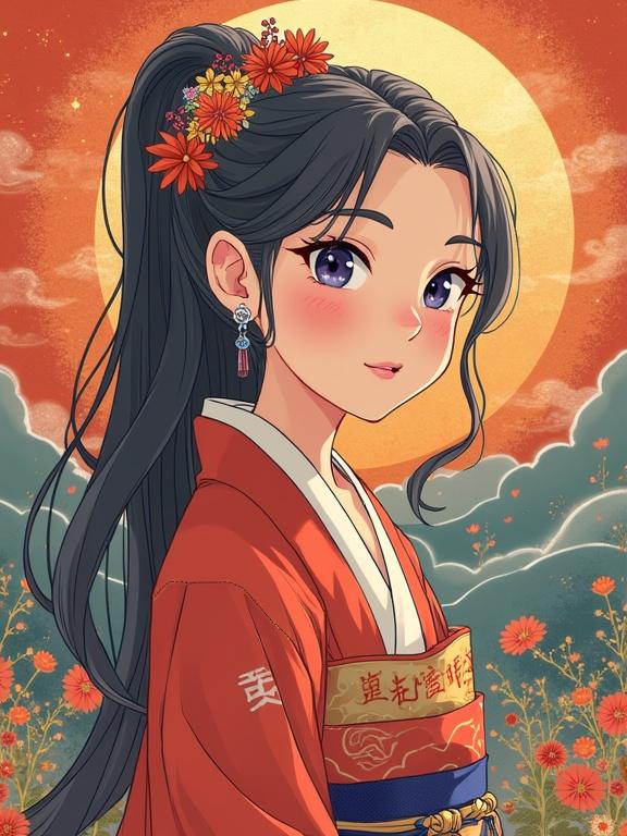 A young woman in traditional Japanese attire. Long black hair adorned with flowers. Soft evening light. A large moon in the background. Floral elements in the foreground.