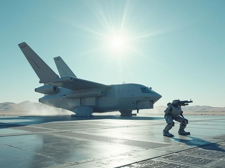 Cinematic live action with dark grey scratchy sci-fi sleek bevel osprey drop ship in a sunny desert. Blue sky with sun in the background. Long blue anamorphic wide lens flare in front of the camera. Silver metal bevel container crates and huge silver metal grate floors. Small sleek grey four-legged sci-fi military robot with gun on top. Sci-fi realistic specular with details and hard textures in 4k resolution.