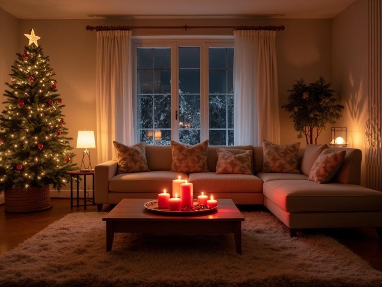Soft checkered beige fancy apartment living room at night. Dark room with warm lighting. Romantic setting highlighted by red candles. White and beige accents decorate the space. A single couch with a christmas tree and festive decor. Focus on the full room atmosphere.