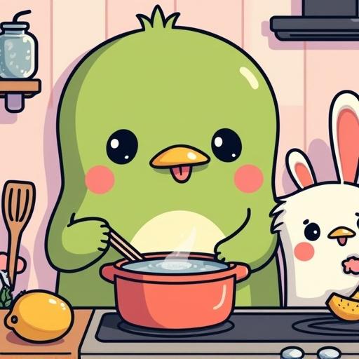 Kawaii style character cooking in a cozy kitchen. Kiwi character with exaggerated round features. Animal friends include a bunny and cat. Scene features soft pastel colors and bold black outlines.