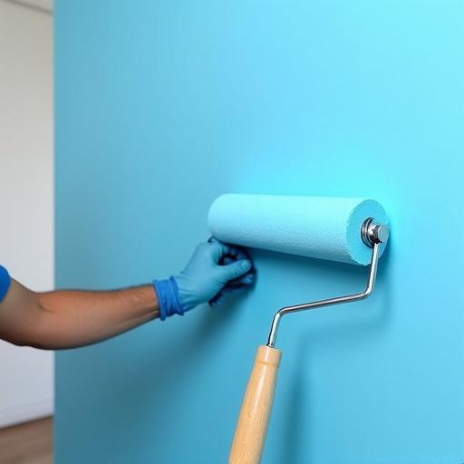 A person paints a living room wall with bright blue color using a roller. The focus is on the hand and the paint roller. Natural daylight illuminates the scene. High-quality, realistic texture is visible.