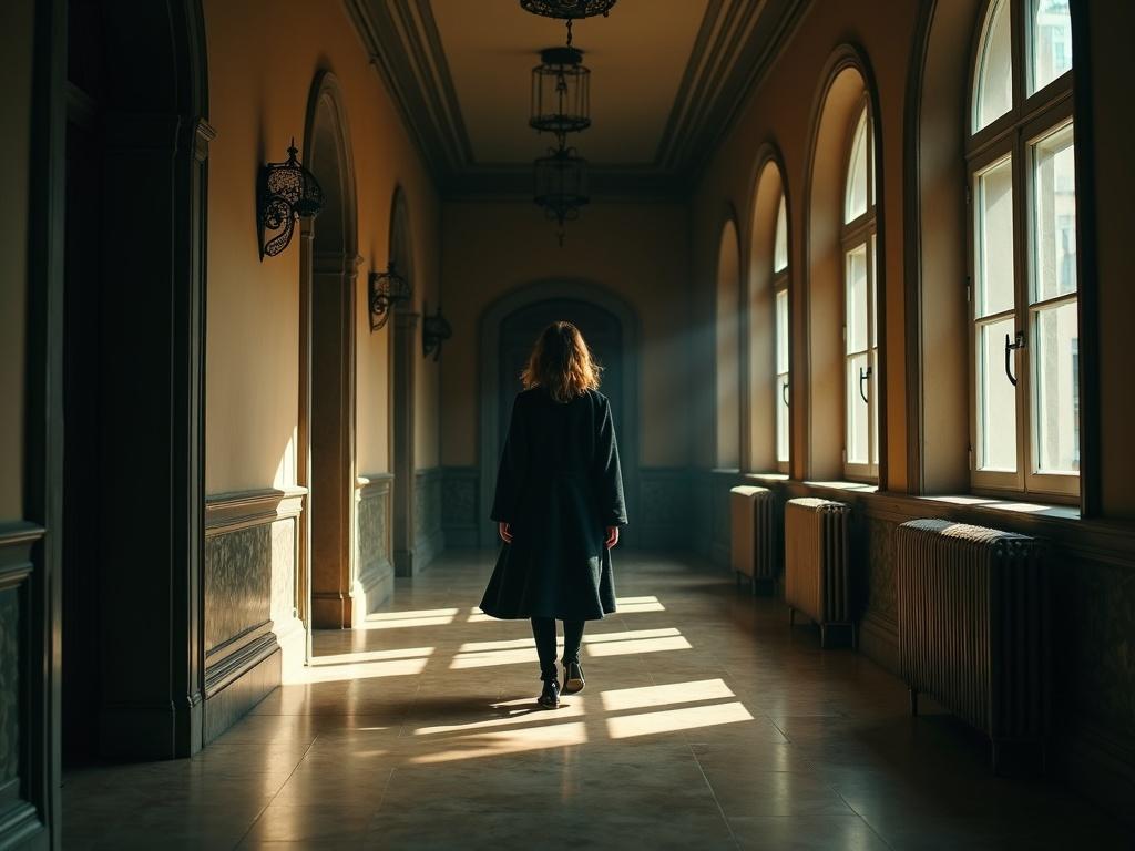A corridor in an old mansion with dramatic lighting. Dunya walks ahead, tense. Svidrigailov observes her. Shadows stretch along the floor.
