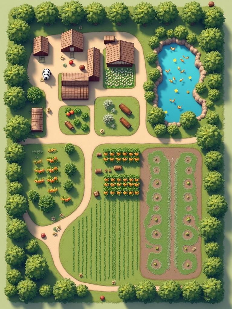 Detailed layout of a 30-acre farm divided into five main sections shaped for different activities. Includes dairy unit with cows, a pond hosting ducks and fish, a horticulture area for fruits, a crop production zone organized into plots, and pathways that connect all areas. Each section has specific dimensions for clarity and organization.