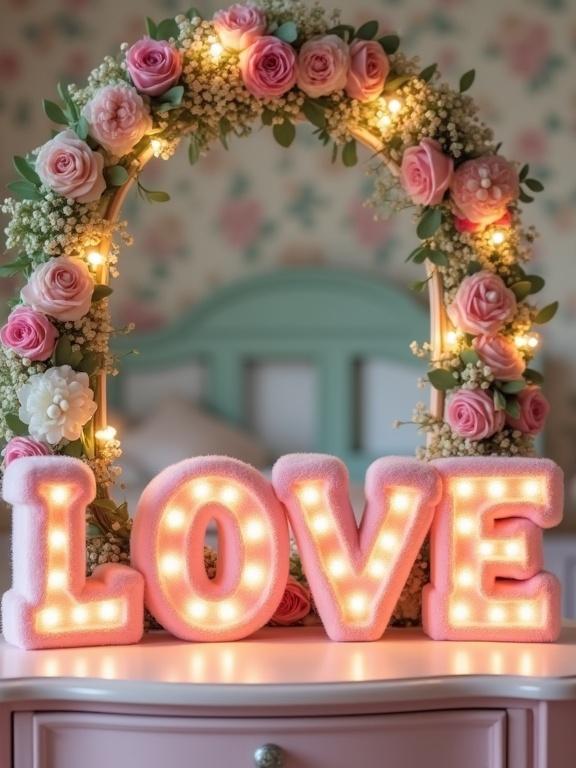 Plush pink letters spell LOVE on a vintage light pink vanity table. Letters have intricate pink and mint green floral patterns. Twinkling fairy lights illuminate the letters gently. Behind the letters is an archway made of pink and white roses with mint green eucalyptus. A softly lit bedroom with antique furniture and floral wallpaper is blurred in the background. The image has diffused soft lighting for an ethereal ambiance. Handwritten small letters above LOVE say: by Muny Vathana.
