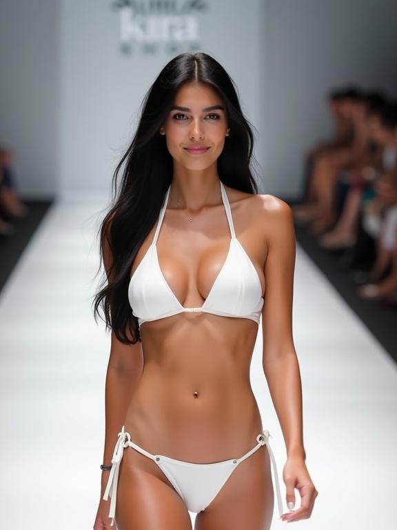 A young woman with long black hair and fair skin smiles at the camera while walking on a white catwalk. She wears a white bikini with a triangle halter top and low-rise thong bottom. The Kira Shop logo is in the background.