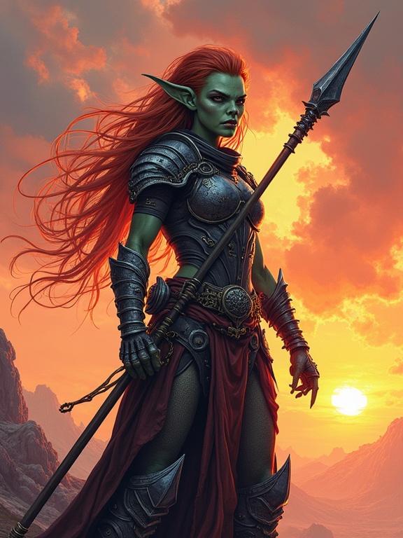 Hand drawn comic book style female goblin fighter holding a spear. She exhales iced breath. Character clad in heavy armor. Background features sunset lighting with dramatic flat shadows. Image exhibits realistic proportions and vibrant colors. Cinematic composition inspired by rotoscope technique.