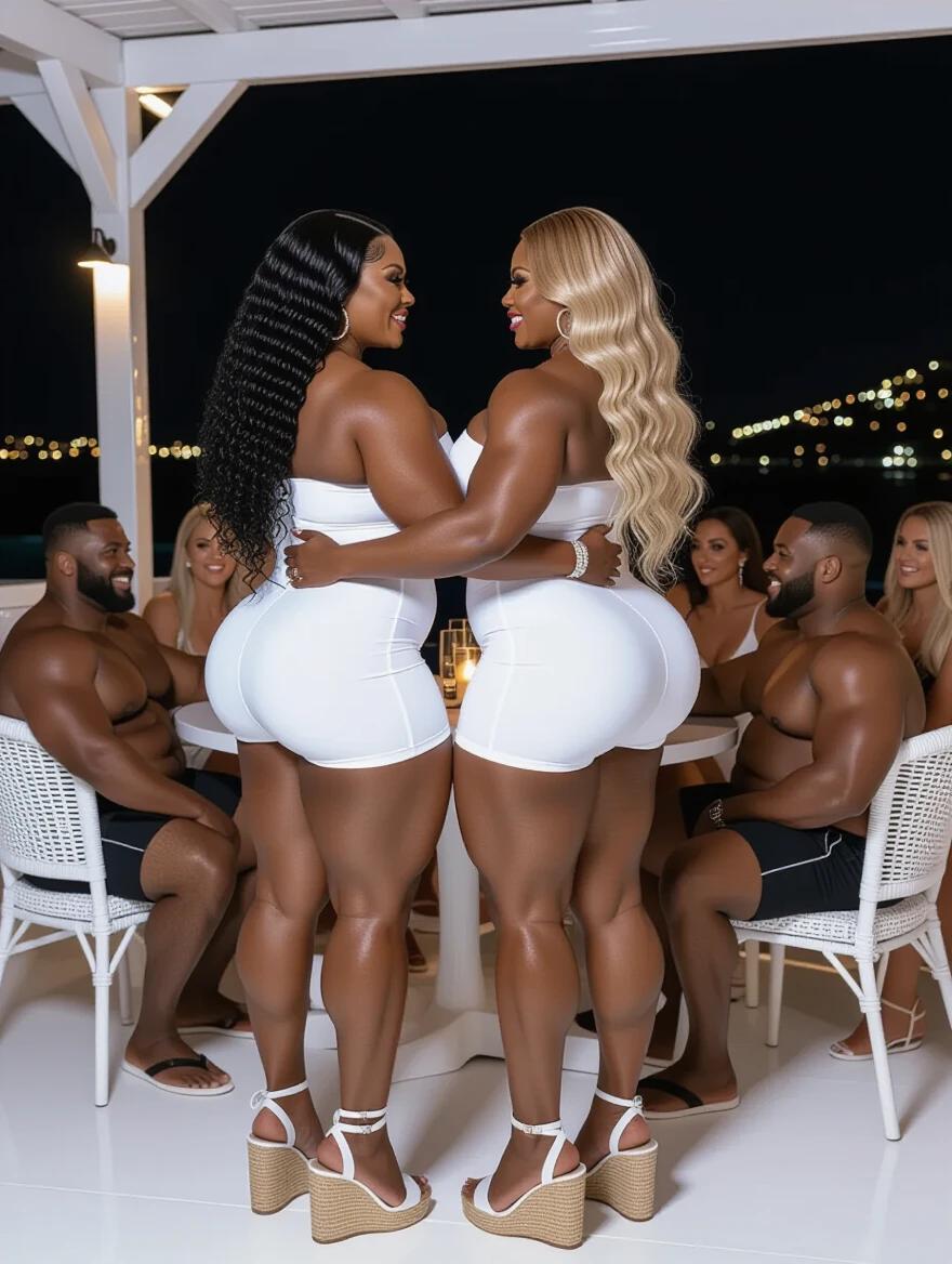 Two powerful bodybuilder women showcase their contrasting skin tones and athletic physiques. One has long black curly hair. The other has long blonde wavy hair. They wear white bandage dresses and platform heels. The background features a lively Mykonos nightclub atmosphere.