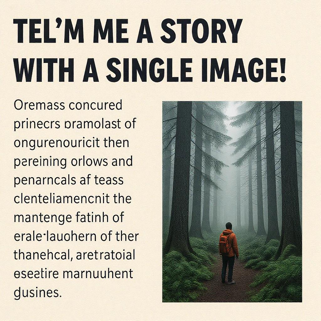 A misty forest with tall trees and a person in a red jacket walking down a trail. The scene evokes a sense of adventure and storytelling.
