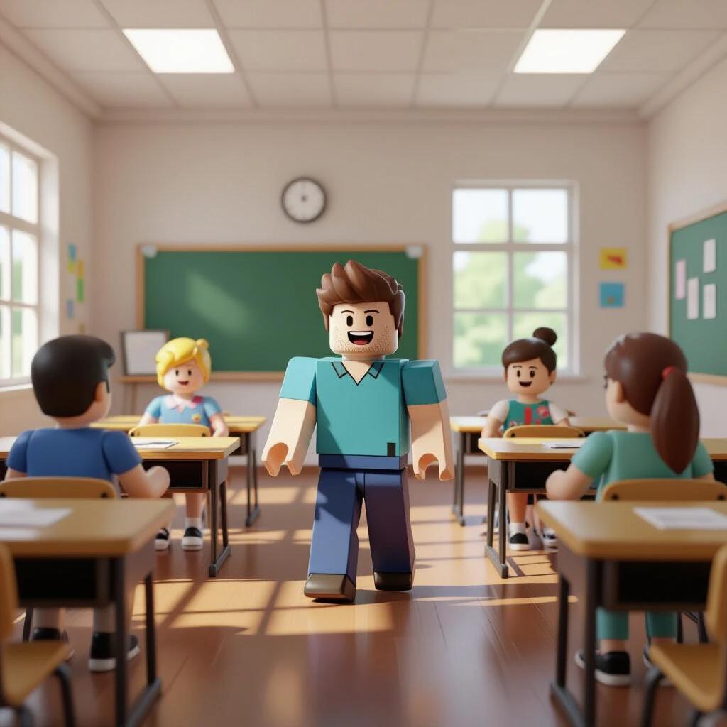 A 3D animated classroom scene featuring toy-like characters. A cheerful character walks in front of a classroom filled with students. Desks arranged in rows and a chalkboard in the background. Bright windows illuminate the scene. Fun and engaging atmosphere for education.