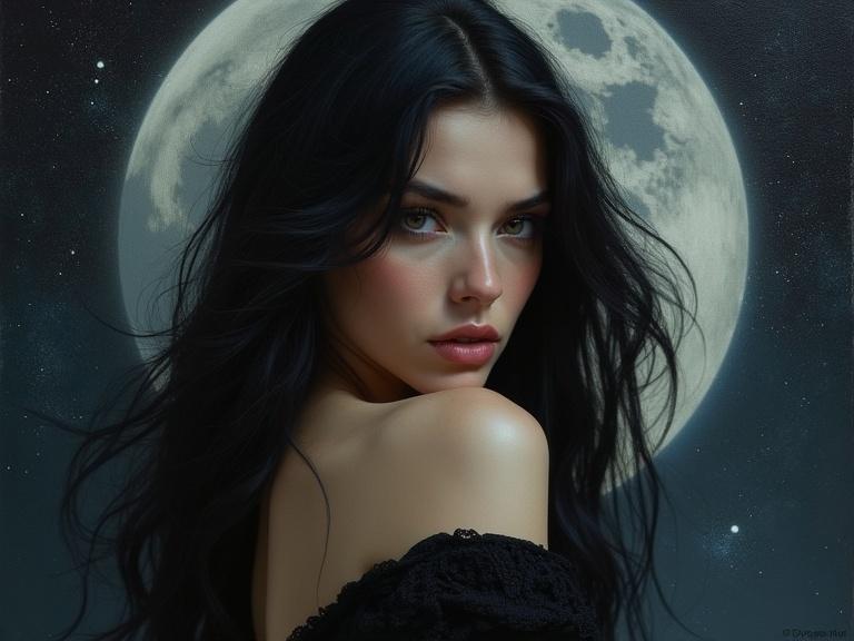 Sensual portrait of a dark-haired woman looking over her shoulder in a celestial setting. Mysterious and beautiful, with a full moon and starry night background. Explore themes of strength and vulnerability.