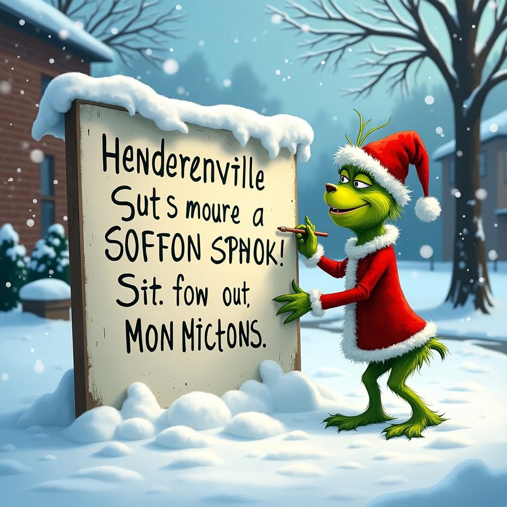 The Grinch writes a quote in the snow at Hendersonville Elementary School. The scene is wintery with a light snowfall. The Grinch wears a red Santa hat and coat. A cheerful expression is on his face as he engages with the setting.