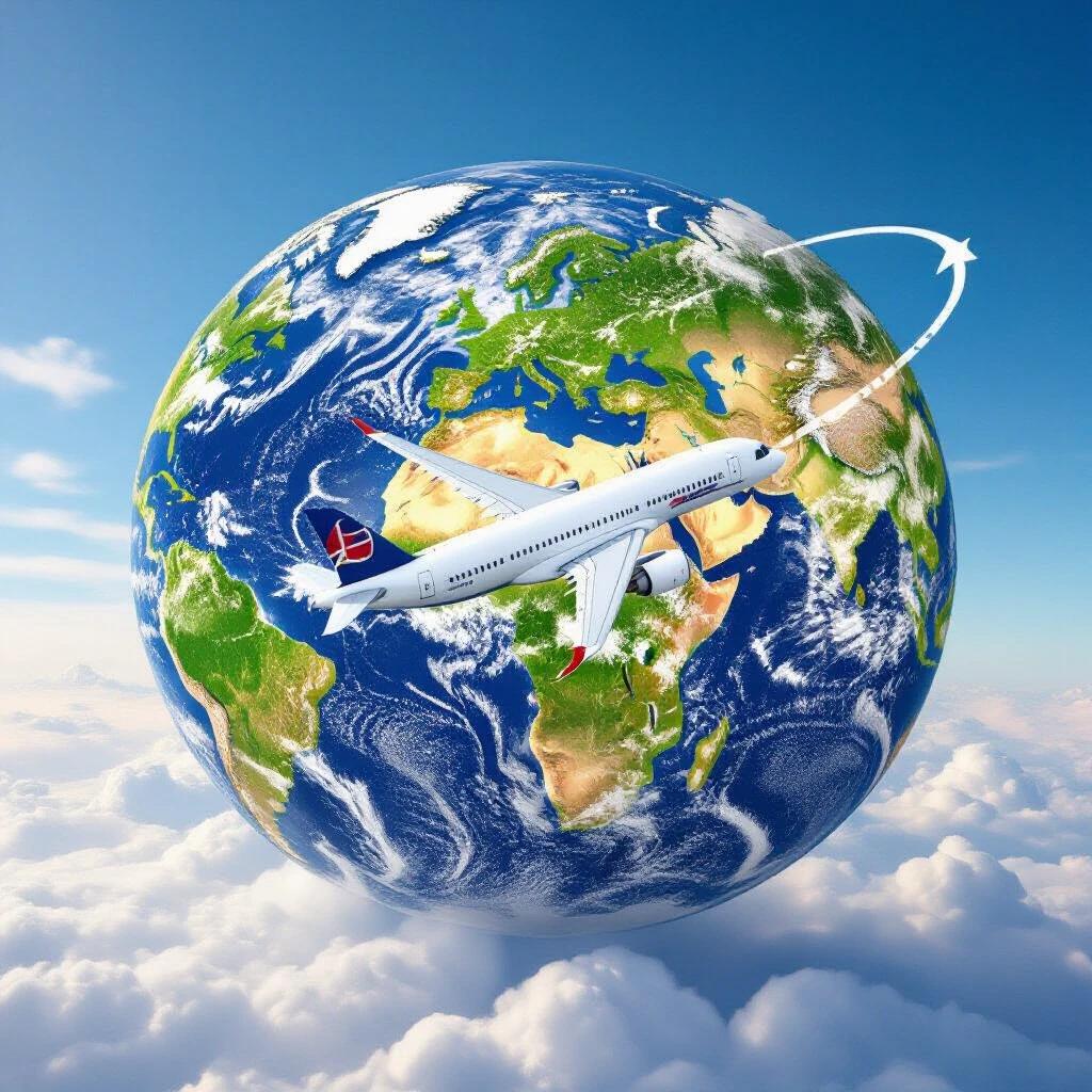 Image of Earth with an airplane traveling around it on a path. Airplane leaves a trail like a journey across the planet. Bright colors emphasize Earth’s details and clouds.